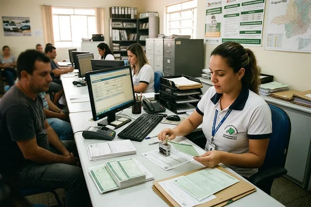 Despachante orientando sobre o processo de licenciamento de veículos em Araguari.