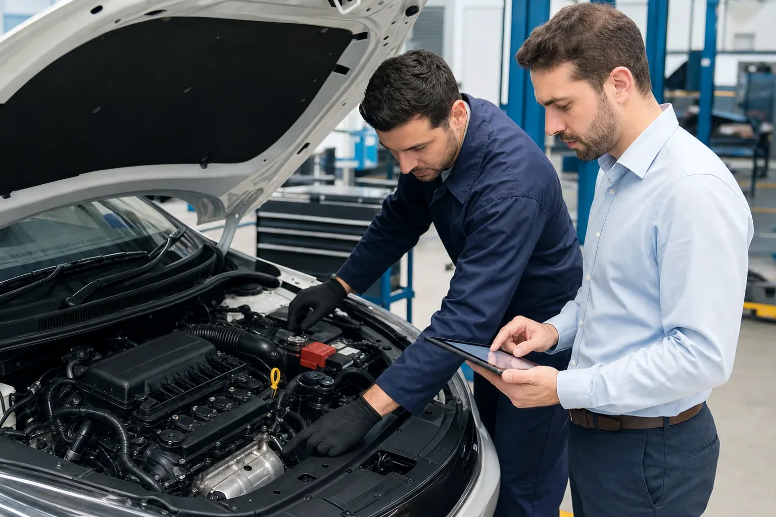 Despachante trabalhando no cadastro de motor com documentos e máquina de registro.