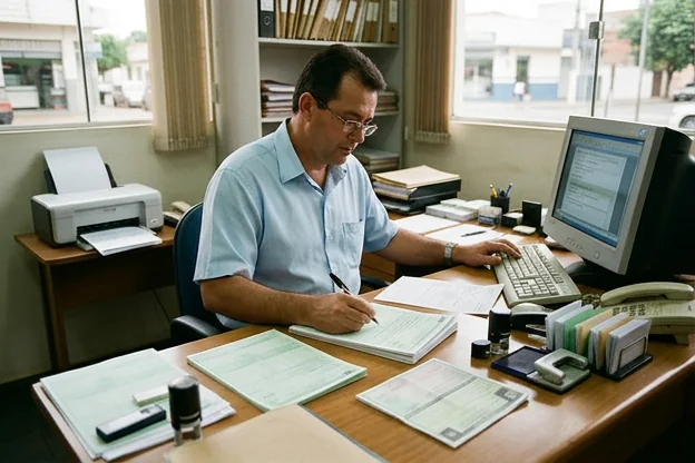 Despachante trabalhando nos documentos para emissão da segunda via do CRV em Araguari.